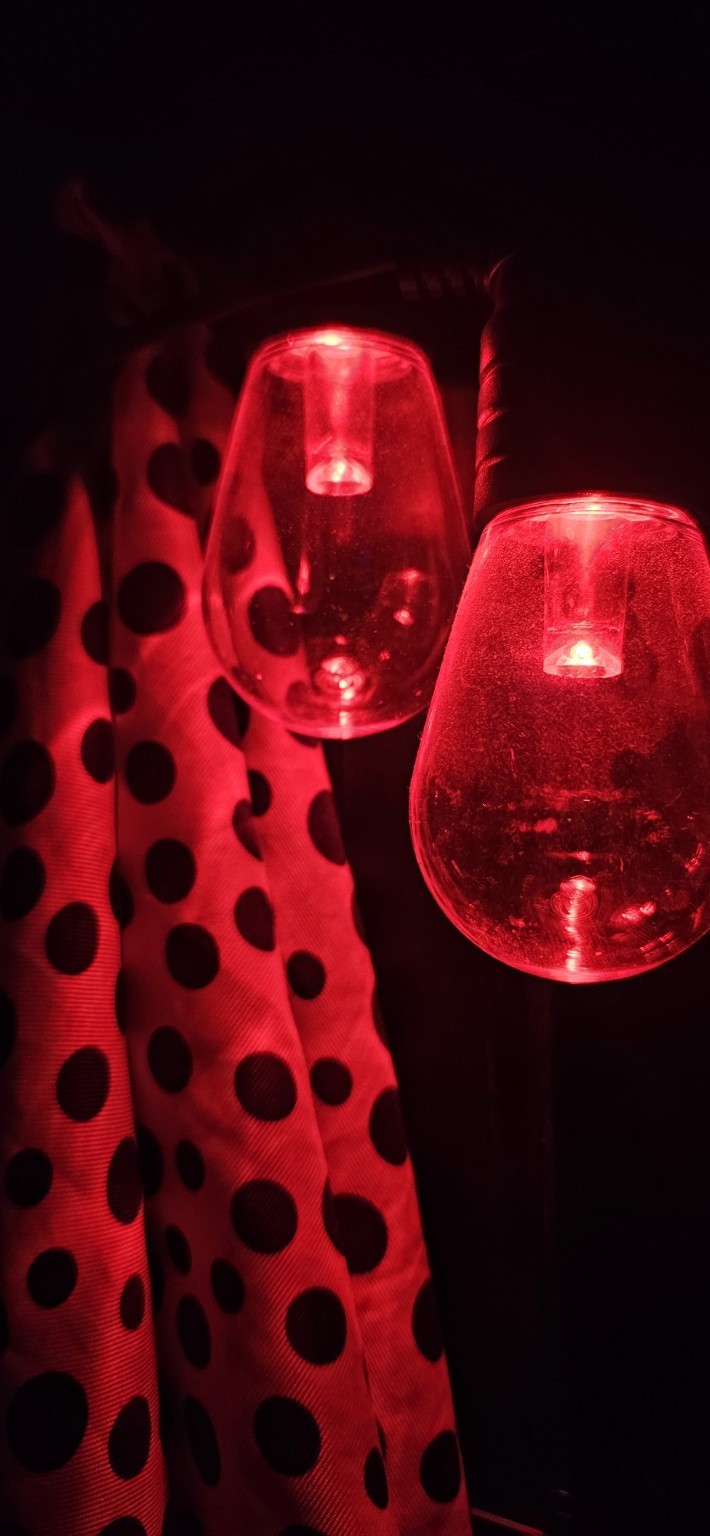 Red-lit table atmosphere